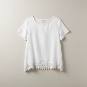 Made in Italy Linen Top White Lace Hem Lagenlook Boho Minimalist Blouse Size M